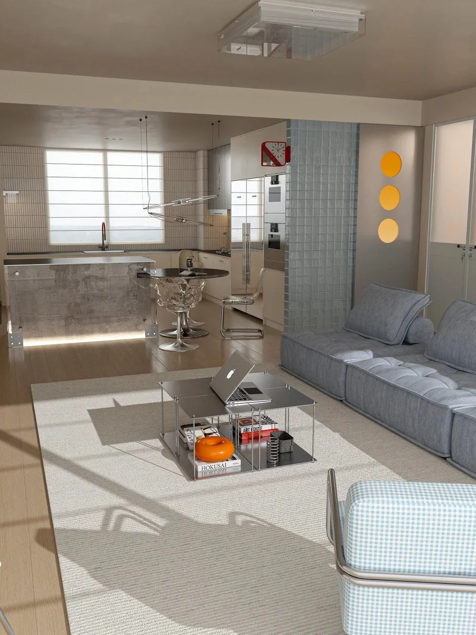 Blue gray modular sofa, metal coffee table and pale rug beside a glass block kitchen partition and blue checked chair.