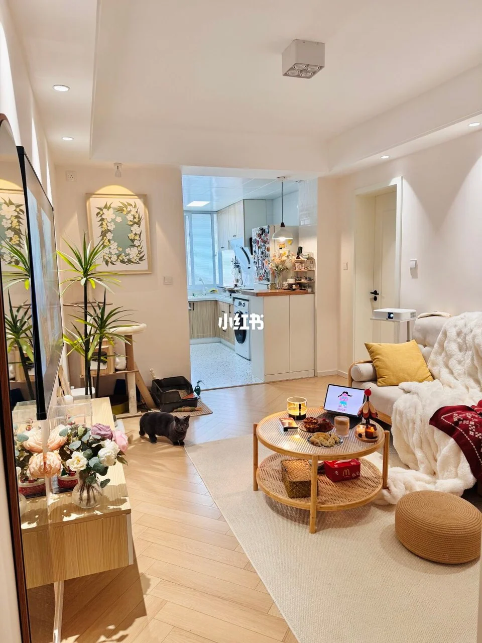 Compact living room with a cream sofa, round glass table, woven pouf and plants beside an open kitchen.