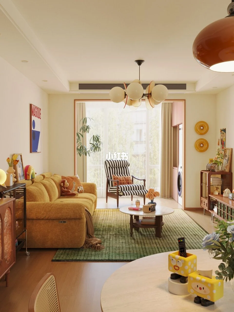Mustard yellow sofa, black and white striped chair, green checked rug and wood storage in a bright compact living room.