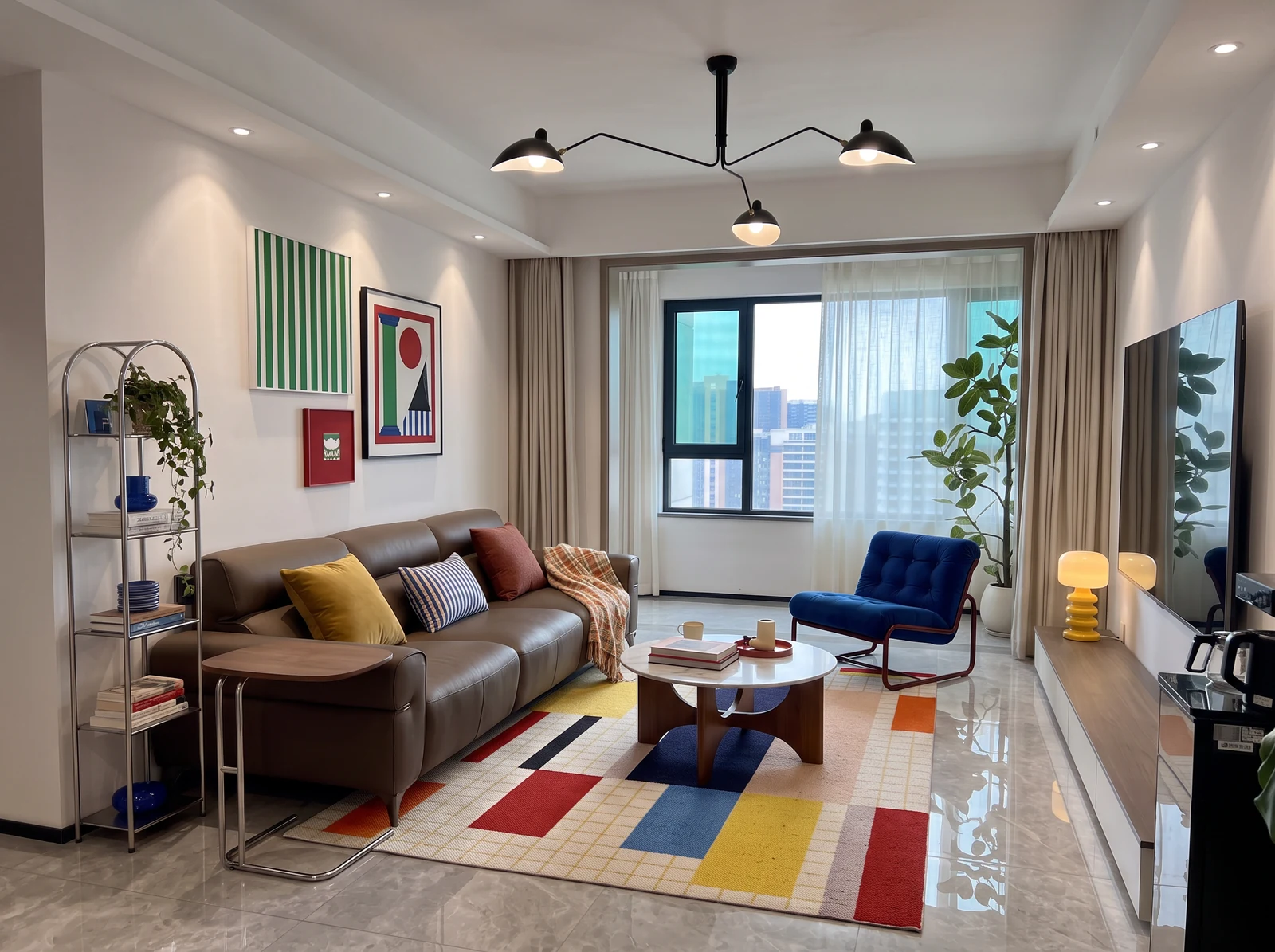 Proposed graphic living room with brown leather sofa, blue accent chair, primary-color geometric rug, slim metal bookcase and artwork around gray tile.