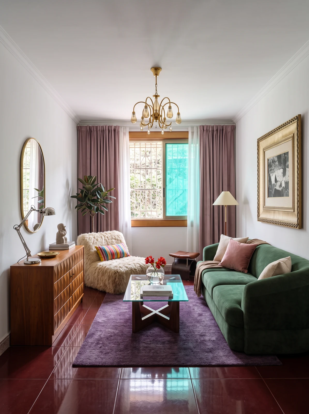 Proposed green and plum direction with a curved green sofa, purple rug, rose curtains and burgundy floor.