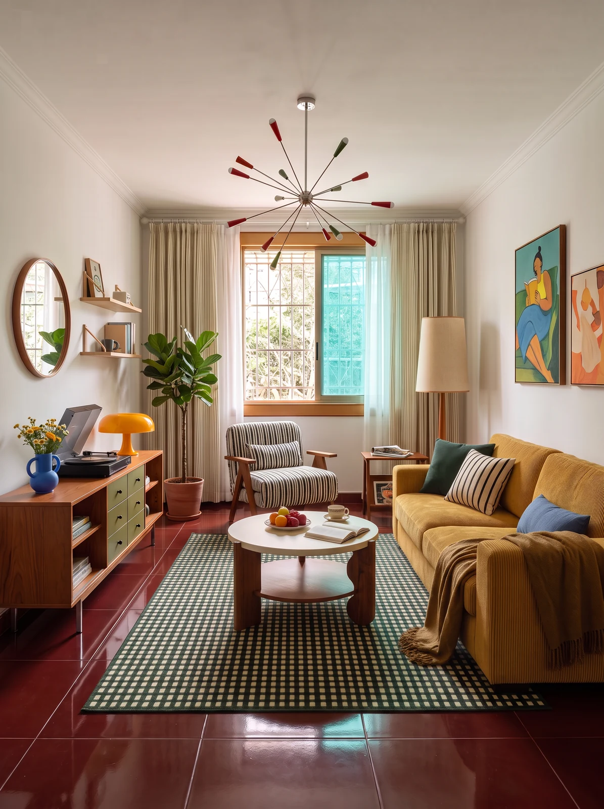 Proposed warm and collected direction with a mustard sofa, wood cabinet, striped chair and burgundy floor.