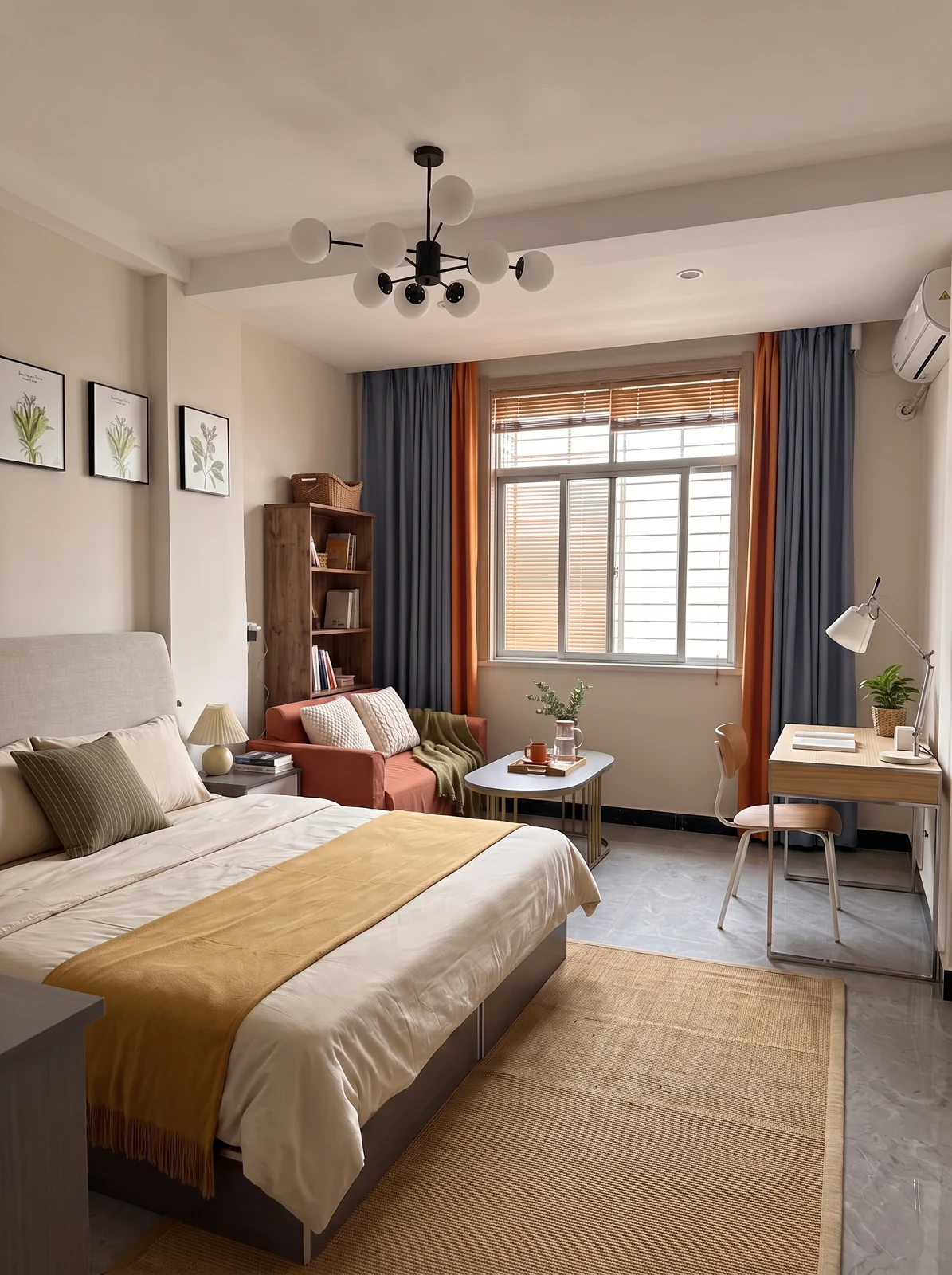 Proposed honey and bentwood rental direction with warm bedding, wooden desk and chair, shelving and neutral rug.